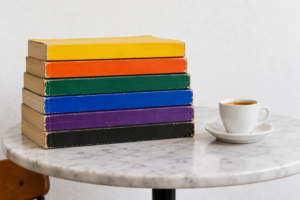 Pila di sei tascabili con il dorso in tinta unita, giallo, arancio, verde, blu, viola e nero, su un tavolino di marmo accanto a un caffè